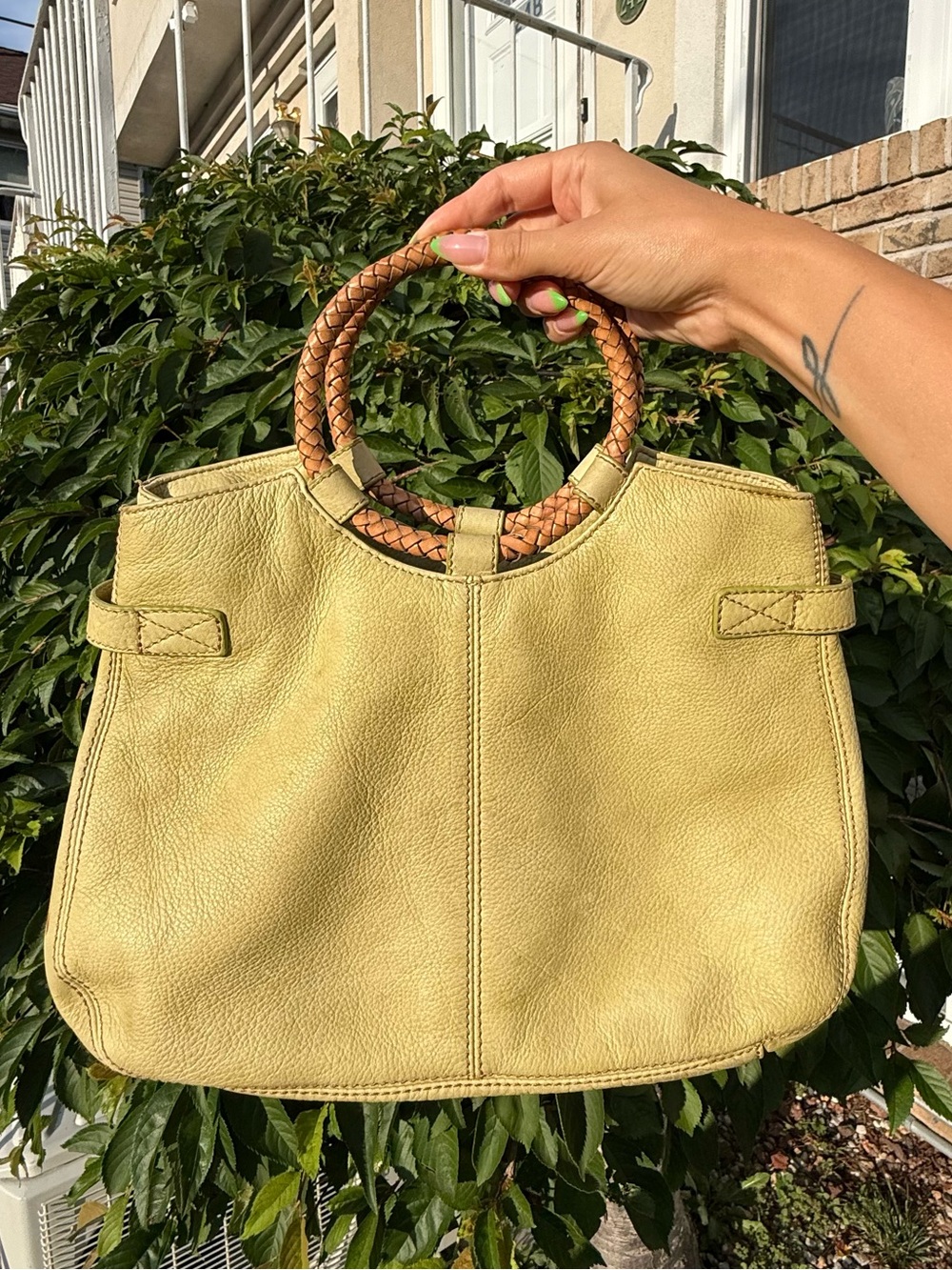 Fossil Light Green Leather Satchel Braided Top Handle Shoulder Bag
